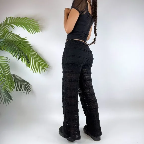 Vintage Y2K Black Lace Whimsigoth Low Rise Flare Fairy Grunge Pants / Size: S - Picture 3 of 6